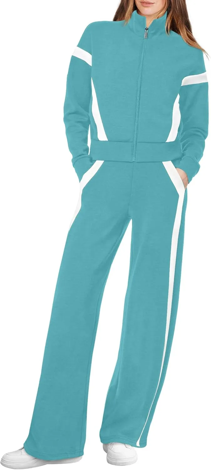 WIHOLL Lounge Sets for Women 2024 Zip Up Sweatshirt Wide Leg Sweatpants Casual 2 Piece Outfits Fashion Sweatsuits Tracksuit