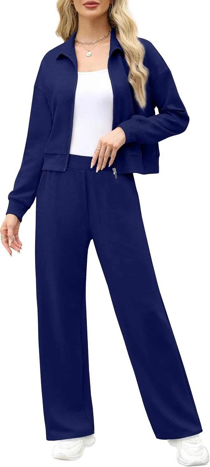 WIHOLL Lounge Sets for Women 2024 Zip Up Sweatshirt Wide Leg Sweatpants Casual 2 Piece Outfits Fashion Sweatsuits Tracksuit