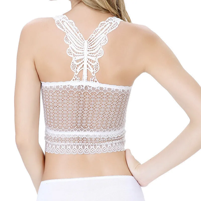 Women Ladies Back See Through Butterfly Pattern Lace Crochet Bustier Crop Top Fitness Halter Tank Top Z1
