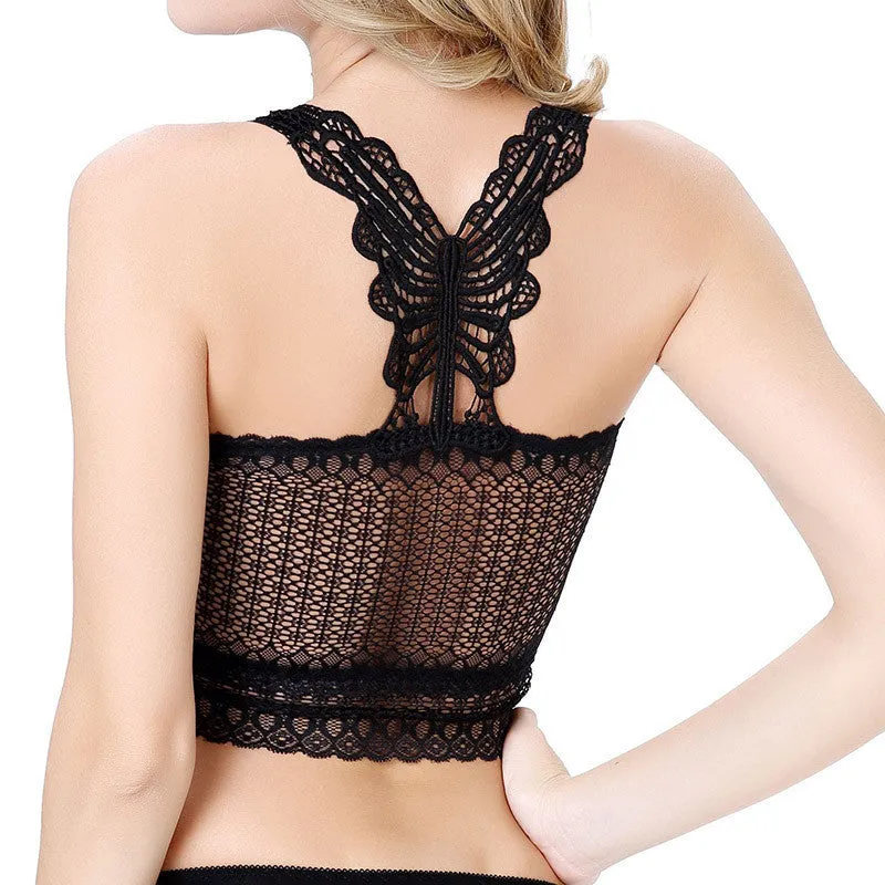 Women Ladies Back See Through Butterfly Pattern Lace Crochet Bustier Crop Top Fitness Halter Tank Top Z1