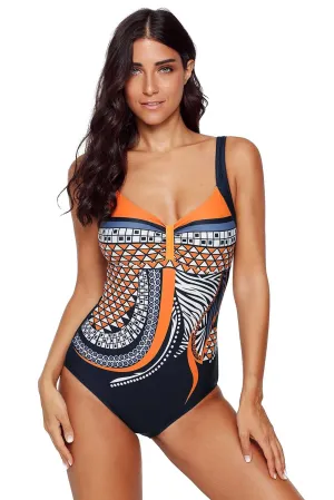 Women Orange Tribal Bohemian Print Sweetheart Neck One Piece Beach Wear Swimsuit
