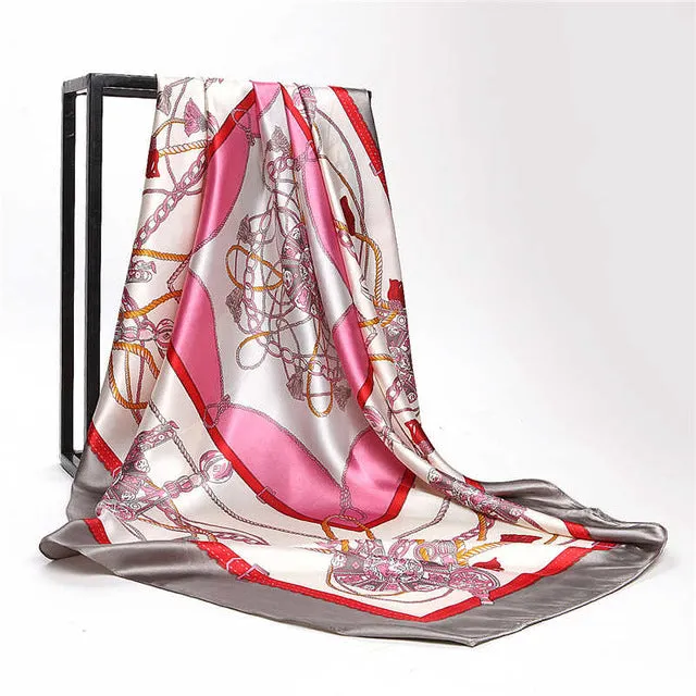 Women Scarf Silk Winter Print Foulard Satin Square Head Scarves Women Luxury Designer Shawls 90*90cm Bandana Large Muslim Hijab