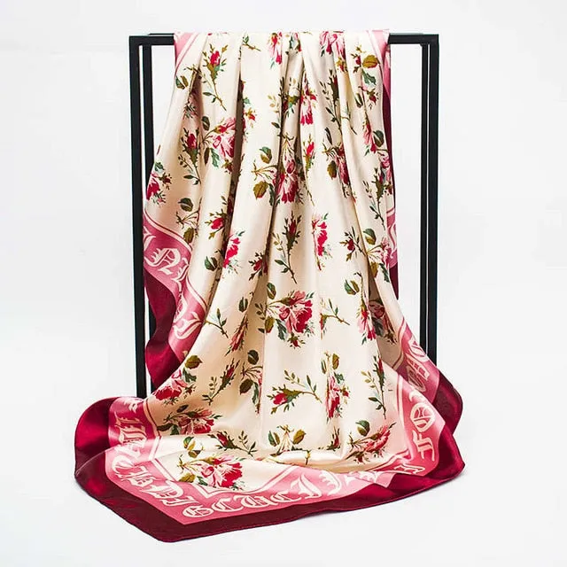 Women Scarf Silk Winter Print Foulard Satin Square Head Scarves Women Luxury Designer Shawls 90*90cm Bandana Large Muslim Hijab