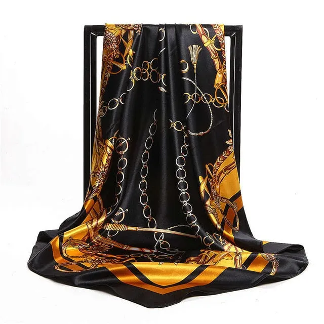 Women Scarf Silk Winter Print Foulard Satin Square Head Scarves Women Luxury Designer Shawls 90*90cm Bandana Large Muslim Hijab