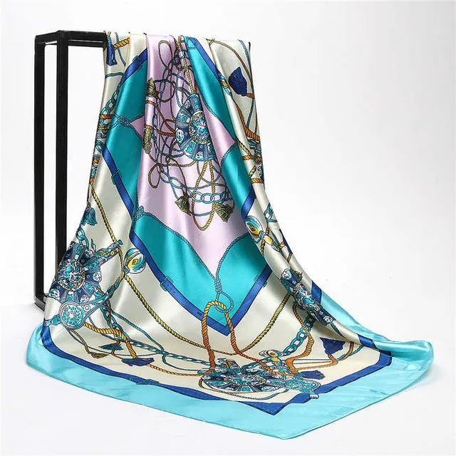 Women Scarf Silk Winter Print Foulard Satin Square Head Scarves Women Luxury Designer Shawls 90*90cm Bandana Large Muslim Hijab