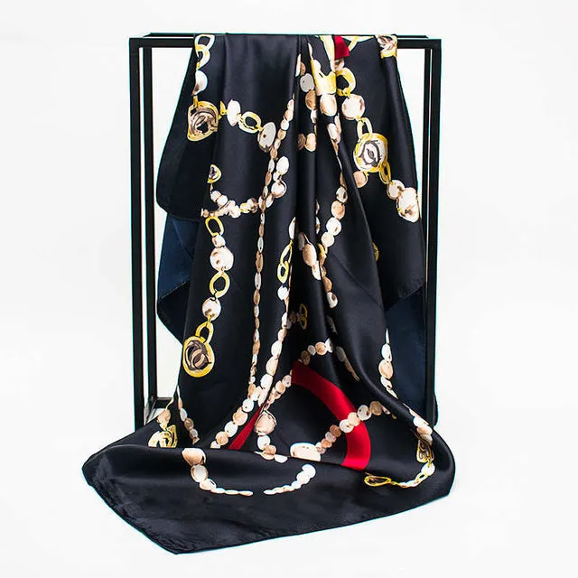 Women Scarf Silk Winter Print Foulard Satin Square Head Scarves Women Luxury Designer Shawls 90*90cm Bandana Large Muslim Hijab