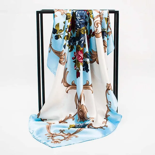 Women Scarf Silk Winter Print Foulard Satin Square Head Scarves Women Luxury Designer Shawls 90*90cm Bandana Large Muslim Hijab