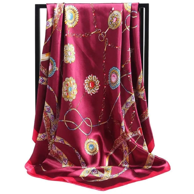 Women Scarf Silk Winter Print Foulard Satin Square Head Scarves Women Luxury Designer Shawls 90*90cm Bandana Large Muslim Hijab