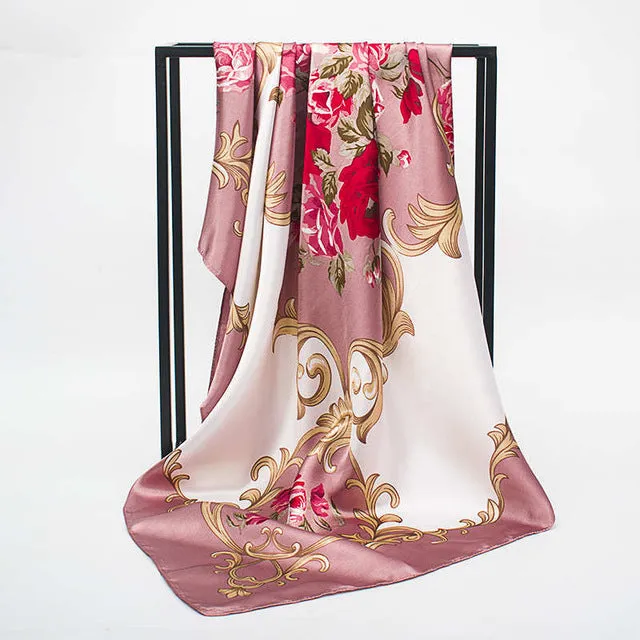 Women Scarf Silk Winter Print Foulard Satin Square Head Scarves Women Luxury Designer Shawls 90*90cm Bandana Large Muslim Hijab