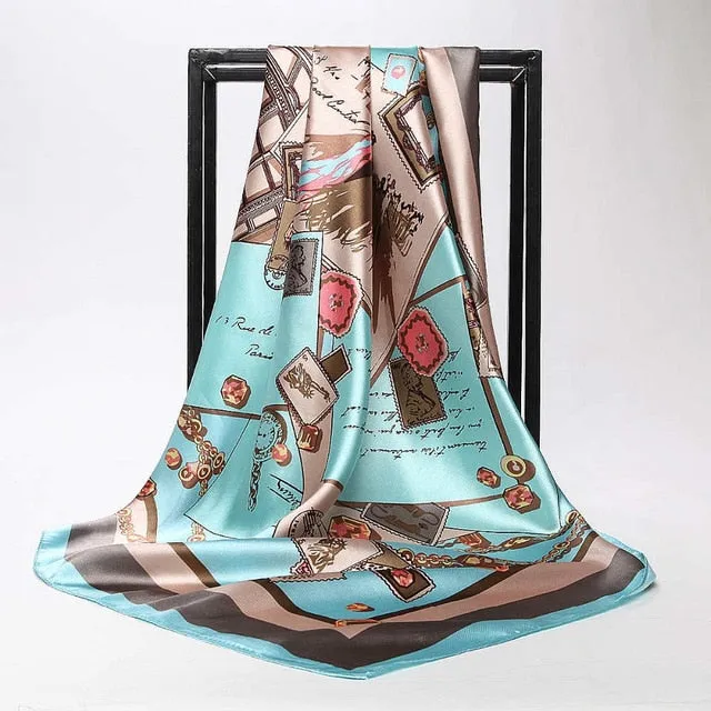Women Scarf Silk Winter Print Foulard Satin Square Head Scarves Women Luxury Designer Shawls 90*90cm Bandana Large Muslim Hijab