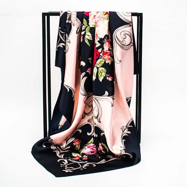 Women Scarf Silk Winter Print Foulard Satin Square Head Scarves Women Luxury Designer Shawls 90*90cm Bandana Large Muslim Hijab