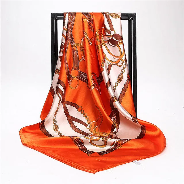 Women Scarf Silk Winter Print Foulard Satin Square Head Scarves Women Luxury Designer Shawls 90*90cm Bandana Large Muslim Hijab