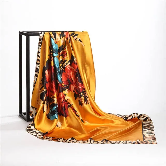 Women Scarf Silk Winter Print Foulard Satin Square Head Scarves Women Luxury Designer Shawls 90*90cm Bandana Large Muslim Hijab