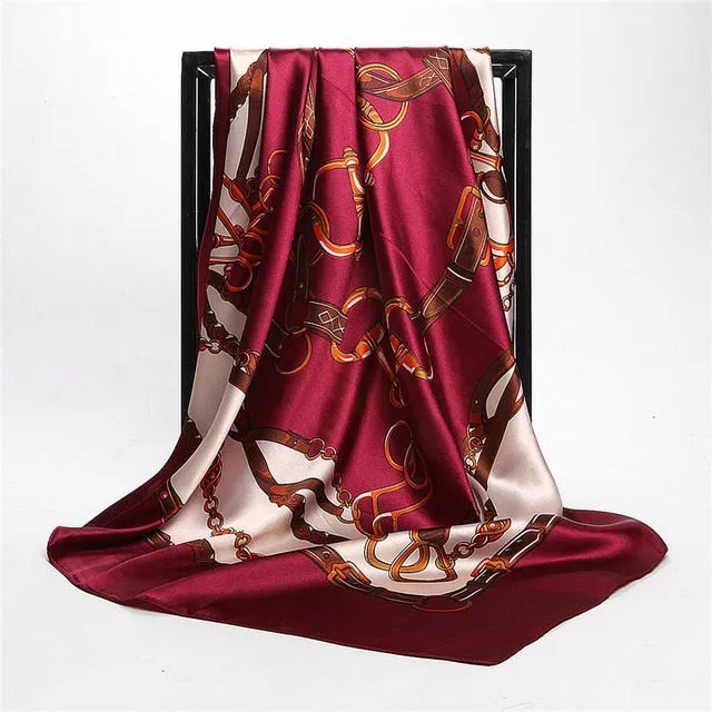 Women Scarf Silk Winter Print Foulard Satin Square Head Scarves Women Luxury Designer Shawls 90*90cm Bandana Large Muslim Hijab