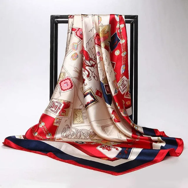 Women Scarf Silk Winter Print Foulard Satin Square Head Scarves Women Luxury Designer Shawls 90*90cm Bandana Large Muslim Hijab