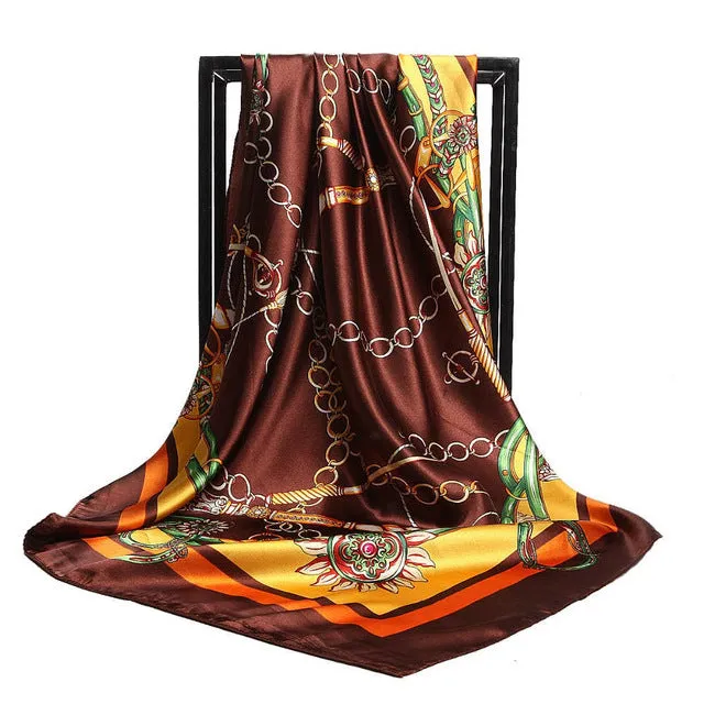 Women Scarf Silk Winter Print Foulard Satin Square Head Scarves Women Luxury Designer Shawls 90*90cm Bandana Large Muslim Hijab