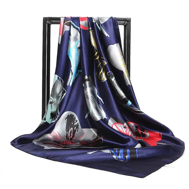 Women Scarf Silk Winter Print Foulard Satin Square Head Scarves Women Luxury Designer Shawls 90*90cm Bandana Large Muslim Hijab