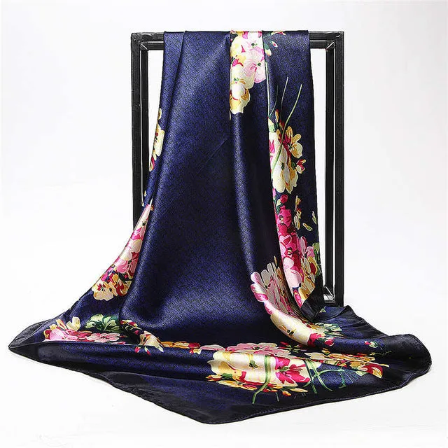 Women Scarf Silk Winter Print Foulard Satin Square Head Scarves Women Luxury Designer Shawls 90*90cm Bandana Large Muslim Hijab