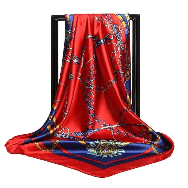 Women Scarf Silk Winter Print Foulard Satin Square Head Scarves Women Luxury Designer Shawls 90*90cm Bandana Large Muslim Hijab