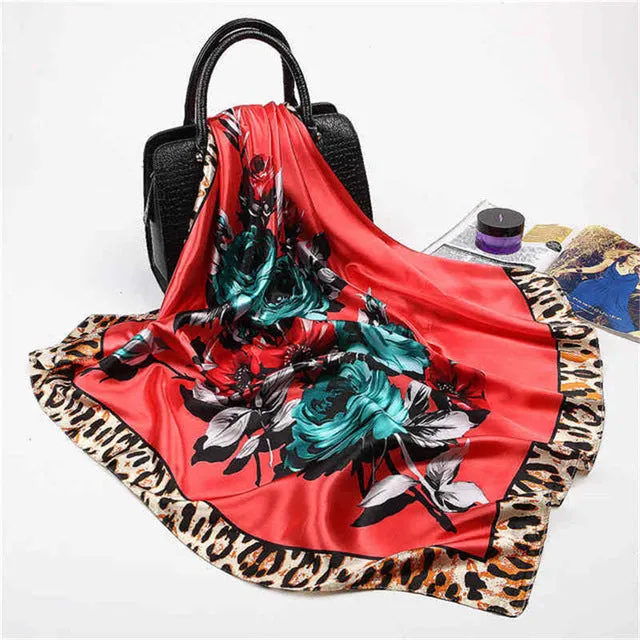 Women Scarf Silk Winter Print Foulard Satin Square Head Scarves Women Luxury Designer Shawls 90*90cm Bandana Large Muslim Hijab