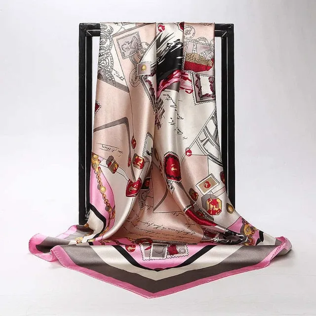 Women Scarf Silk Winter Print Foulard Satin Square Head Scarves Women Luxury Designer Shawls 90*90cm Bandana Large Muslim Hijab