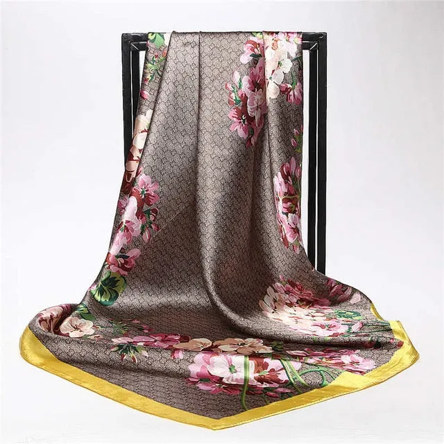 Women Scarf Silk Winter Print Foulard Satin Square Head Scarves Women Luxury Designer Shawls 90*90cm Bandana Large Muslim Hijab
