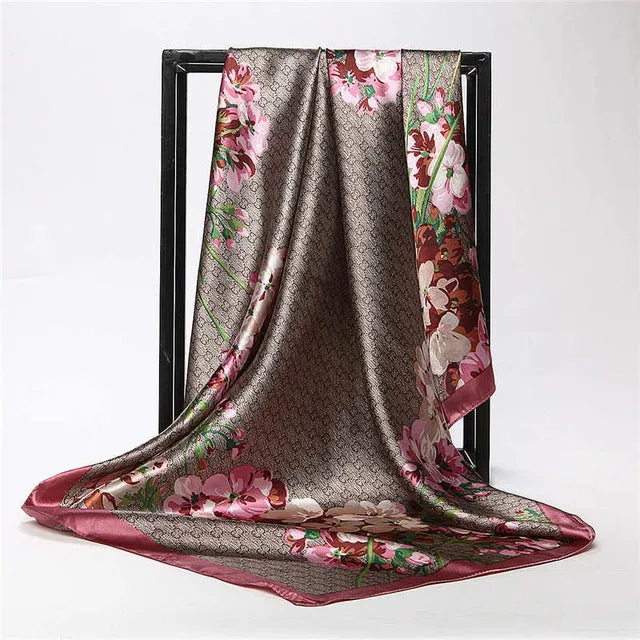 Women Scarf Silk Winter Print Foulard Satin Square Head Scarves Women Luxury Designer Shawls 90*90cm Bandana Large Muslim Hijab