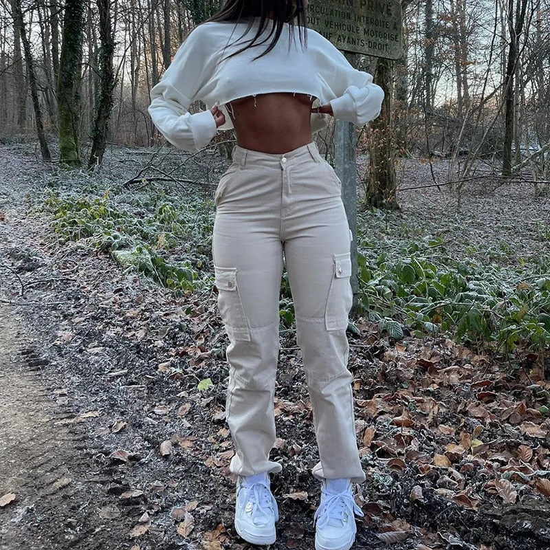 Women Straight Leg Cargo Pants High Waist Pockets Casual Baggy Pants Y2K Denim Drawstring Streetwear Stretch Joggers Trousers
