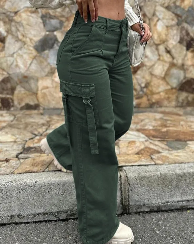Women Straight Leg Cargo Pants High Waist Pockets Casual Baggy Pants Y2K Denim Drawstring Streetwear Stretch Joggers Trousers