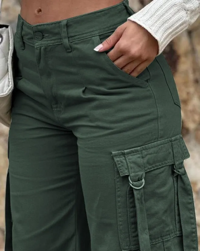 Women Straight Leg Cargo Pants High Waist Pockets Casual Baggy Pants Y2K Denim Drawstring Streetwear Stretch Joggers Trousers