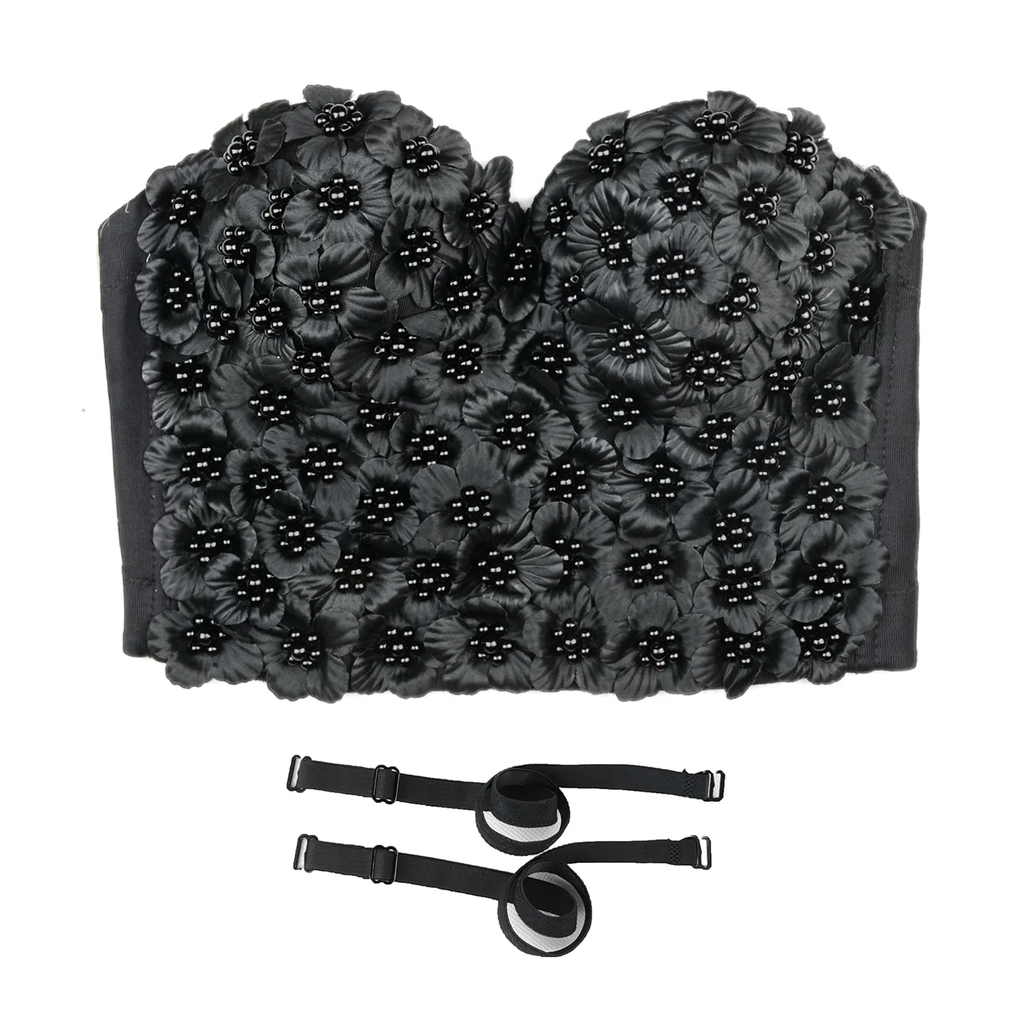 Women's 3D Floral Pearl Bustier Crop Top Party Club Bra Tops Black