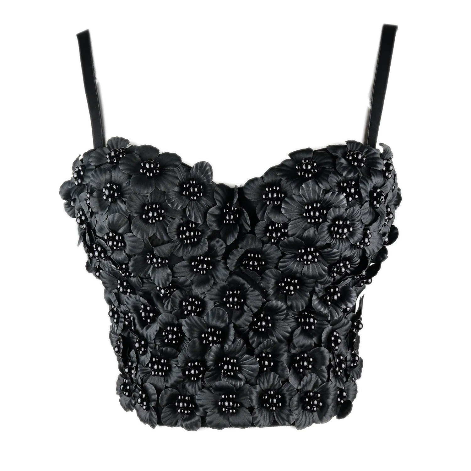 Women's 3D Floral Pearl Bustier Crop Top Party Club Bra Tops Black