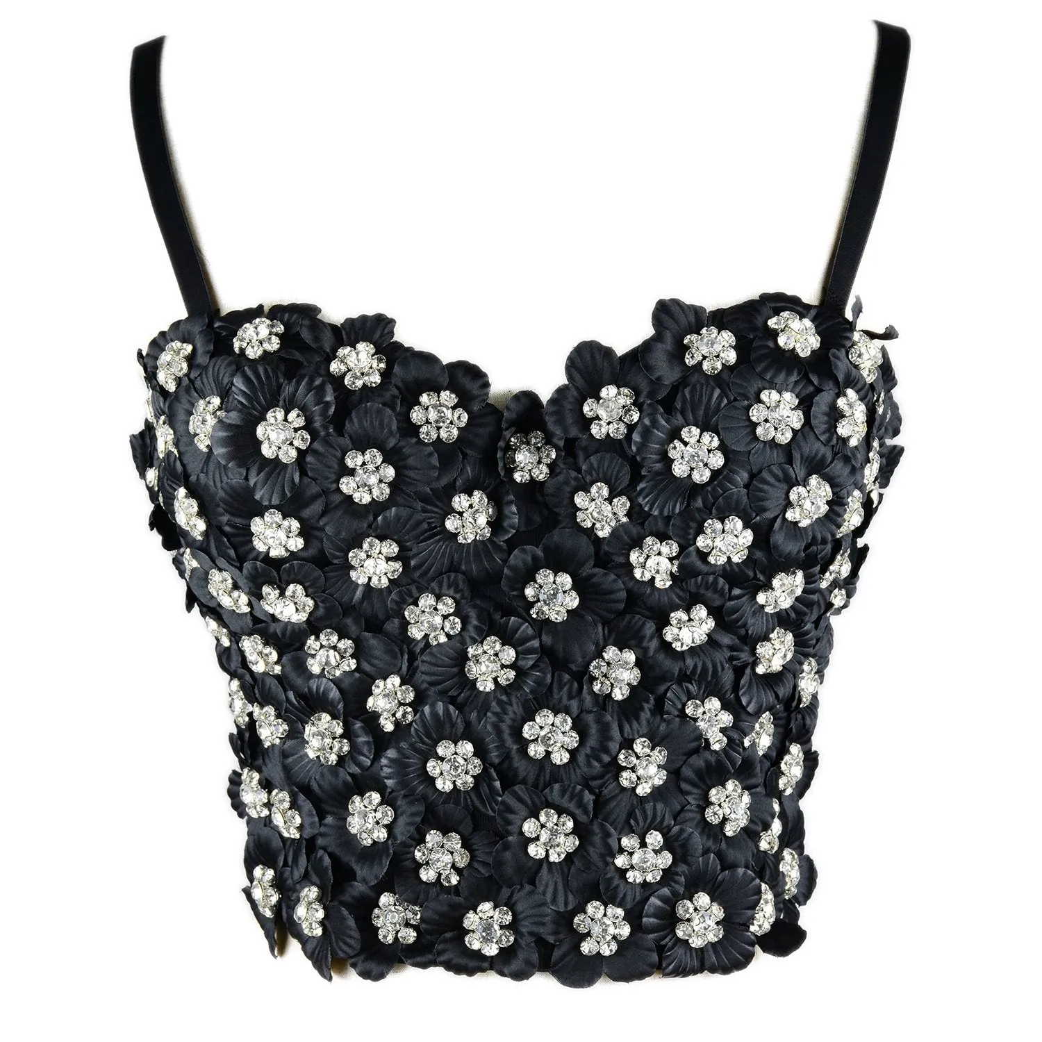 Women's 3D Floral Rhinestone Diamond Bustier Crop Top Party Club Bra Tops Black