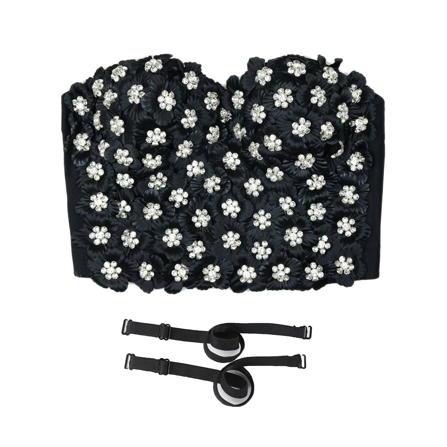 Women's 3D Floral Rhinestone Diamond Bustier Crop Top Party Club Bra Tops Black