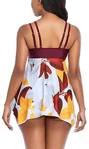 Womens Athletic Two Piece Swimsuits Tummy Control Swimsuit for Women Bathing Suits with Sporty Shorts, Light Purple Leaf, 20-22