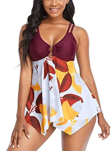 Womens Athletic Two Piece Swimsuits Tummy Control Swimsuit for Women Bathing Suits with Sporty Shorts, Light Purple Leaf, 20-22