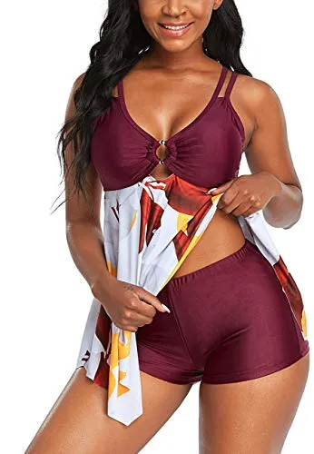 Womens Athletic Two Piece Swimsuits Tummy Control Swimsuit for Women Bathing Suits with Sporty Shorts, Light Purple Leaf, 20-22