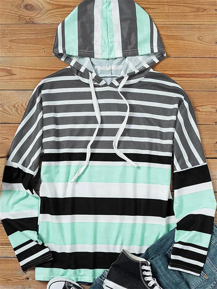 Women's Campus Striped Pullover Drawstring Hooded Sweatshirt