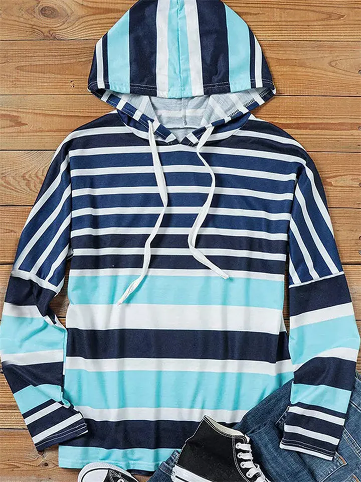 Women's Campus Striped Pullover Drawstring Hooded Sweatshirt