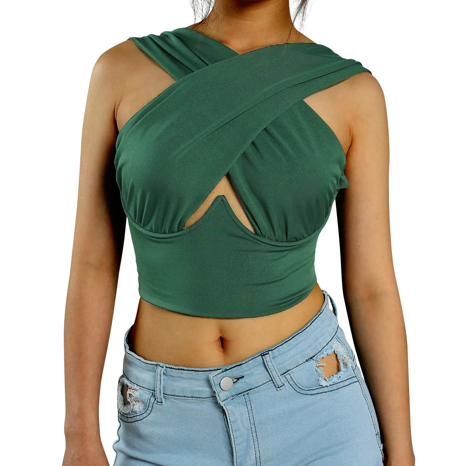 Women's Criss Cross Tank Tops Sexy Sleeveless Solid Color Cutout Front Crop Tops Party Club Streetwear Summer Lady Bustier Tops
