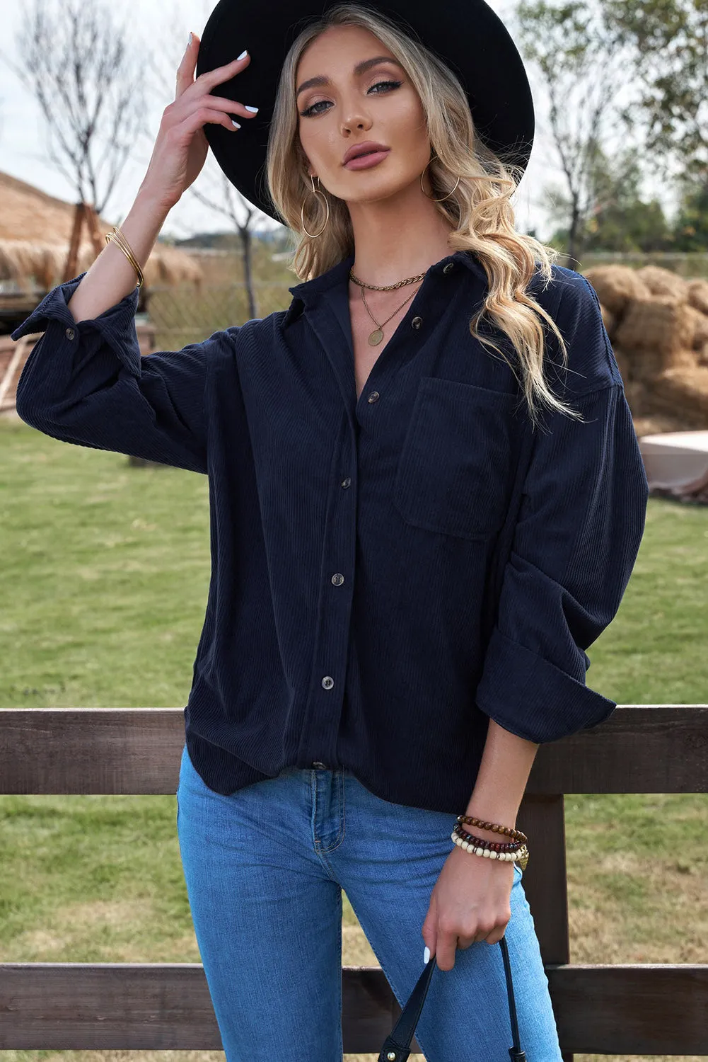 Womens Dark Blue Corduroy Shirt