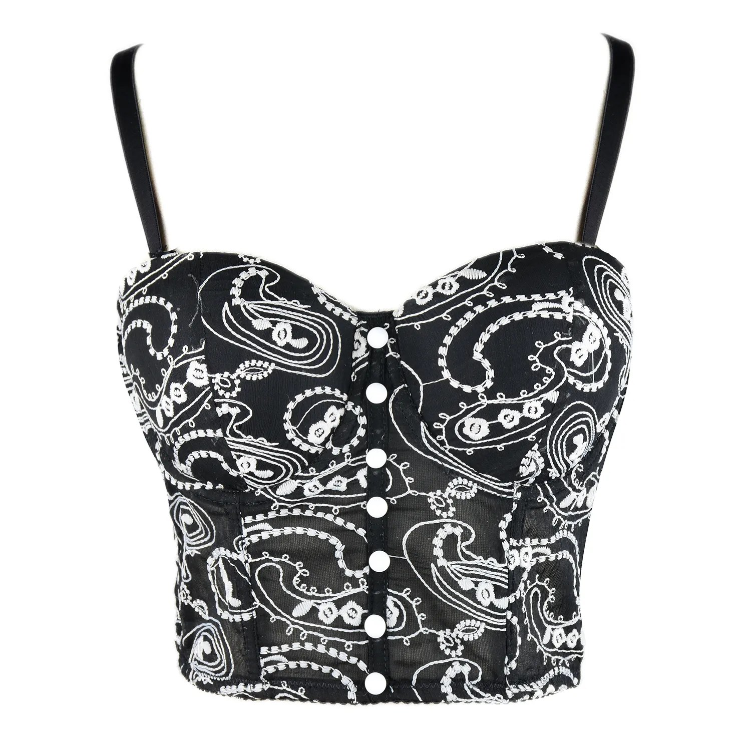 Women's Floral Lace Button Mesh Bustier Crop Top Sexy Corset Bra Black
