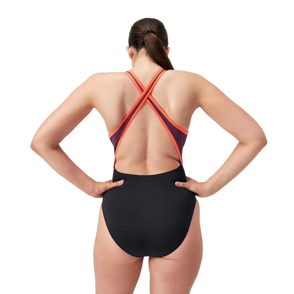 Womens High Neck Splice Cross Back Swimsuit Black Siren Red