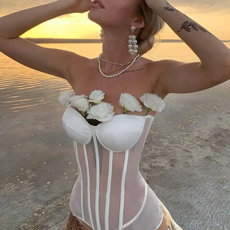 Women's Lace Longline Mesh Corset Strapless Bustier Crop Top