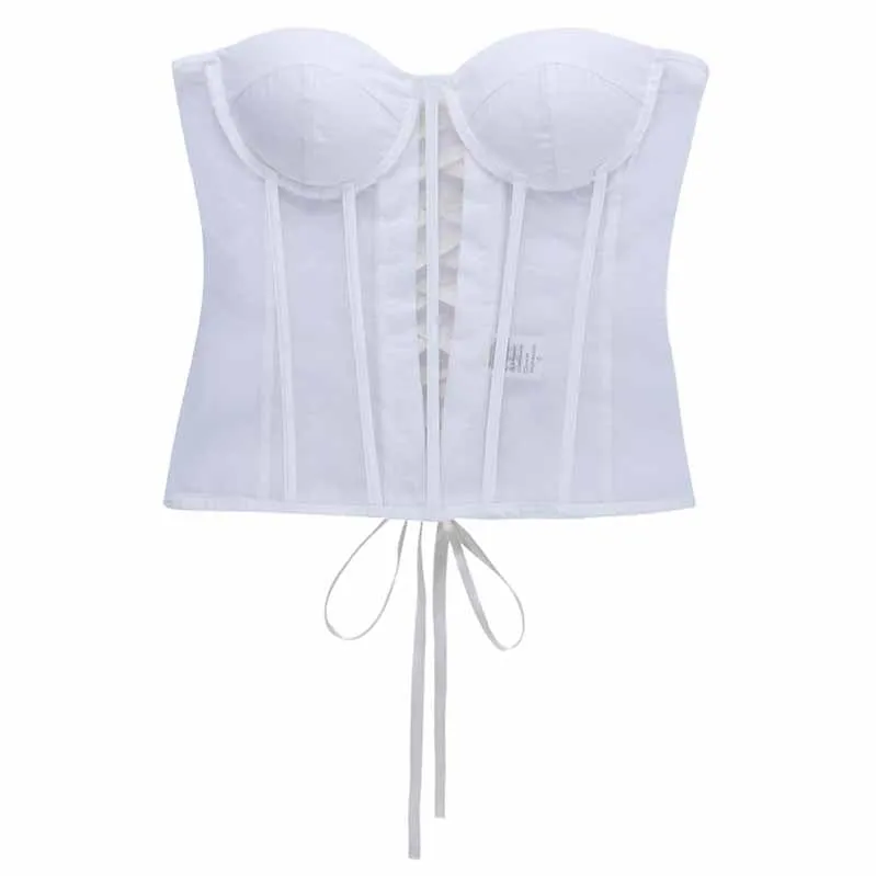 Women's Lace Longline Mesh Corset Strapless Bustier Crop Top