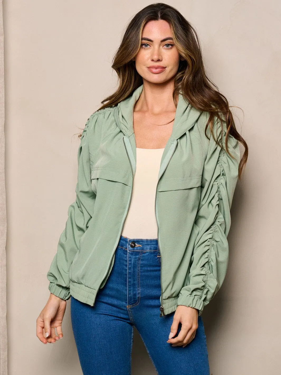 WOMEN'S LONG RUCHED SLEEVES ZIP UP POCKETS HOODED JACKET