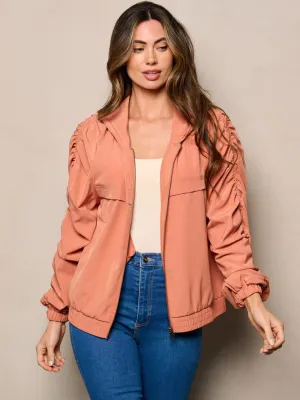 WOMEN'S LONG RUCHED SLEEVES ZIP UP POCKETS HOODED JACKET