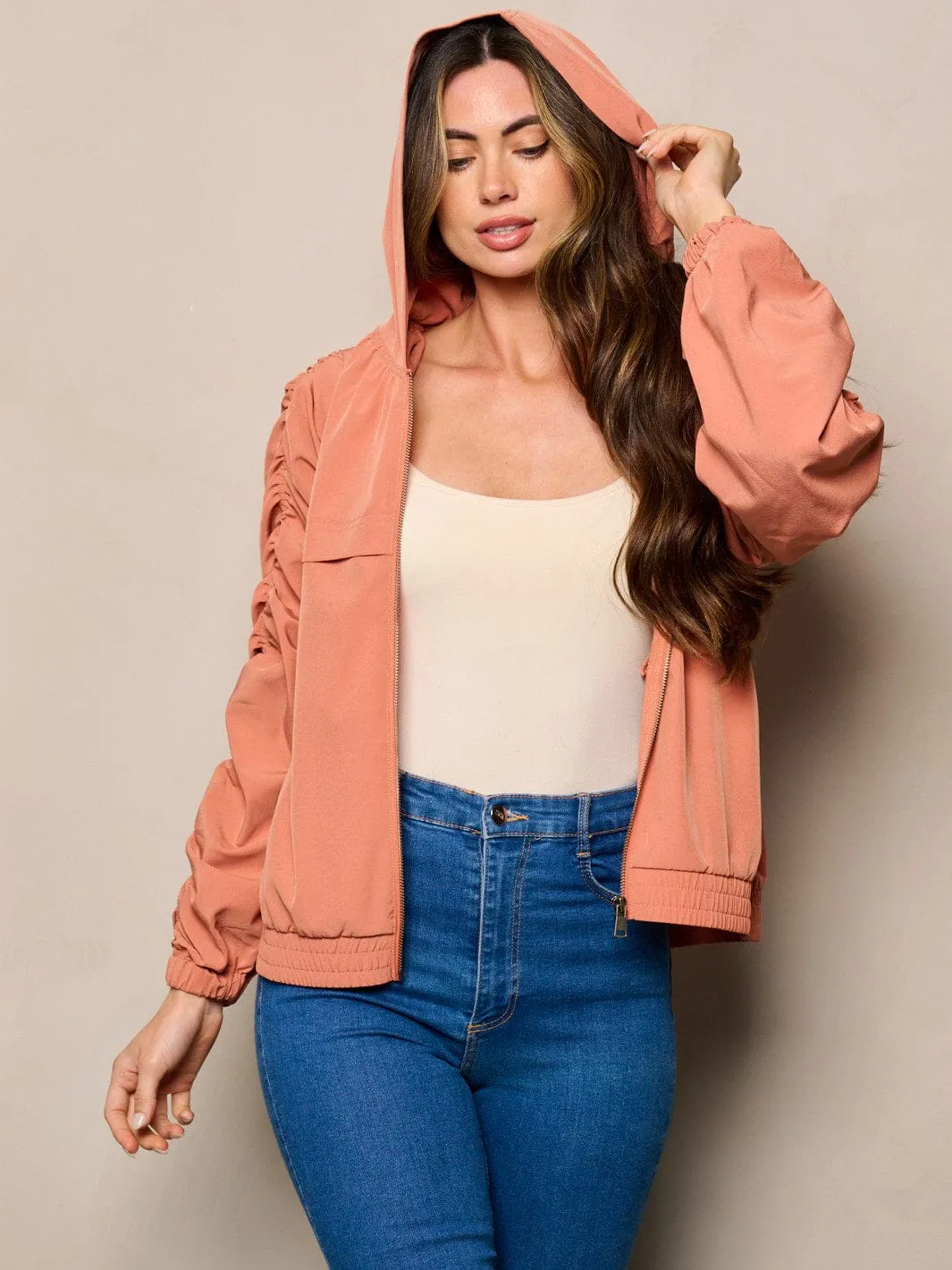 WOMEN'S LONG RUCHED SLEEVES ZIP UP POCKETS HOODED JACKET
