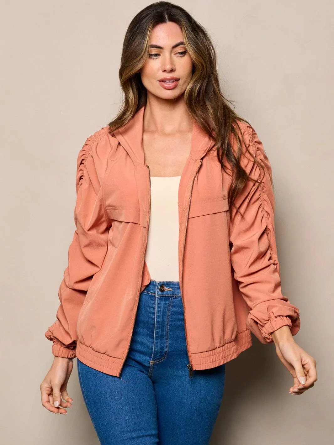WOMEN'S LONG RUCHED SLEEVES ZIP UP POCKETS HOODED JACKET