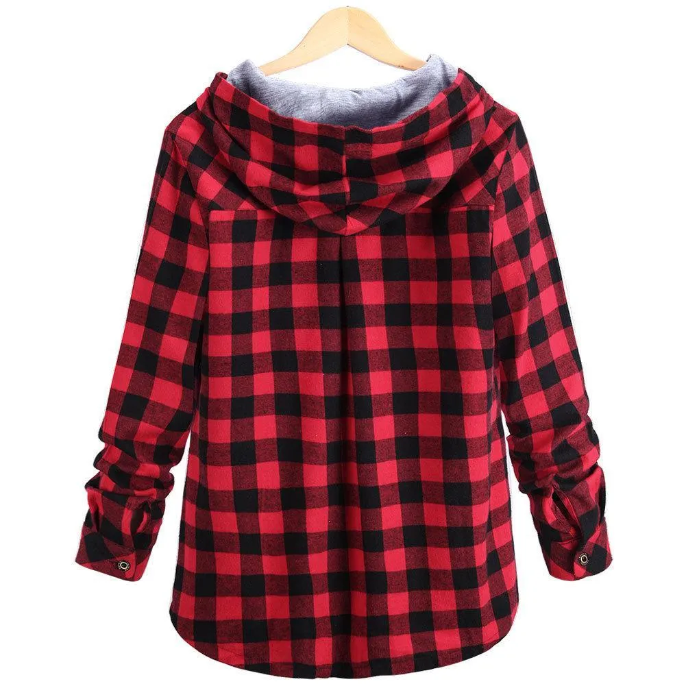 Women's Long Sleeve Button Up Hooded Plaid Shirts for Spring